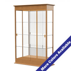 4' Wide Wooden Lighted Floor Standing Display Case with Sliding Doors and Mirrored Back