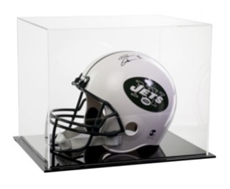 Football helmet in a clear acrylic display case.