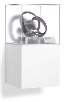 White acrylic wall-mounted pedestal display holding a silver loop statue.
