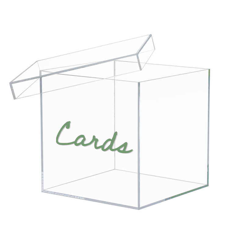 Clear acrylic box with lid with "Cards" in green writing.
