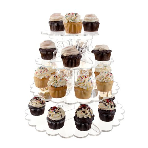 Acrylic cupcake stand with 4 configurable tiers with chocolate and vanilla cupcakes.