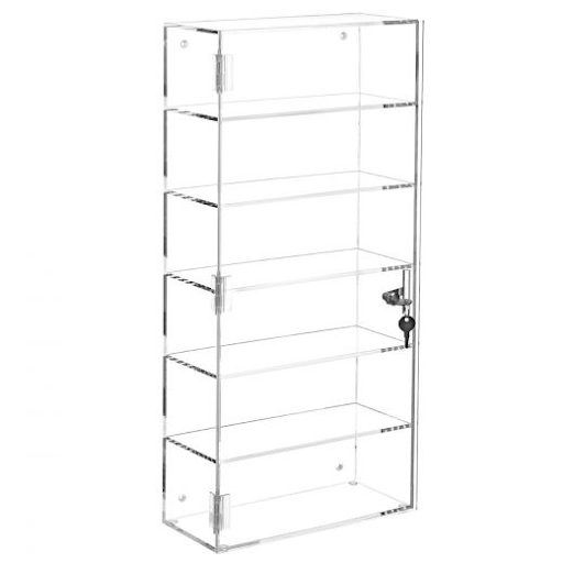 Acrylic locking 5 shelf front opening wall mount display case.