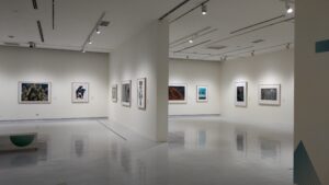 White Art Gallery with Prints on Walls with Spot Lighting on Them