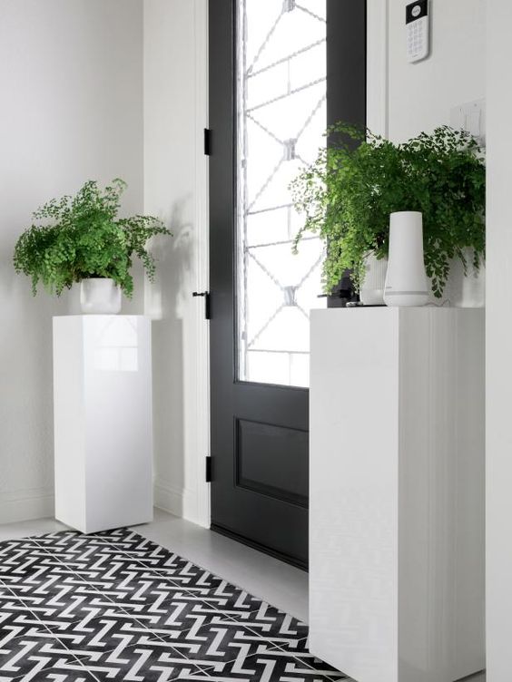Home entryway with black and white tiled floor, two glossy white pedestals holding plants framing the black and glass door.