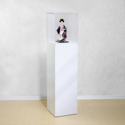 Gloss white acrylic pedestal with clear acrylic cover holding mini glass human statue.