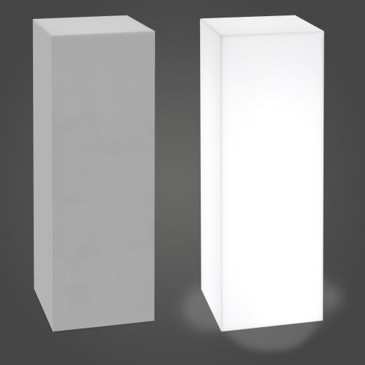White acrylic pedestal with LED lights next to gray pedestal.