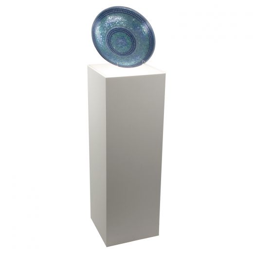 Versatile matte white laminate lighted pedestal blue plate displayed.