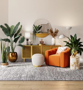 Aesthetic home seating area with plants and an orange lounge chair.