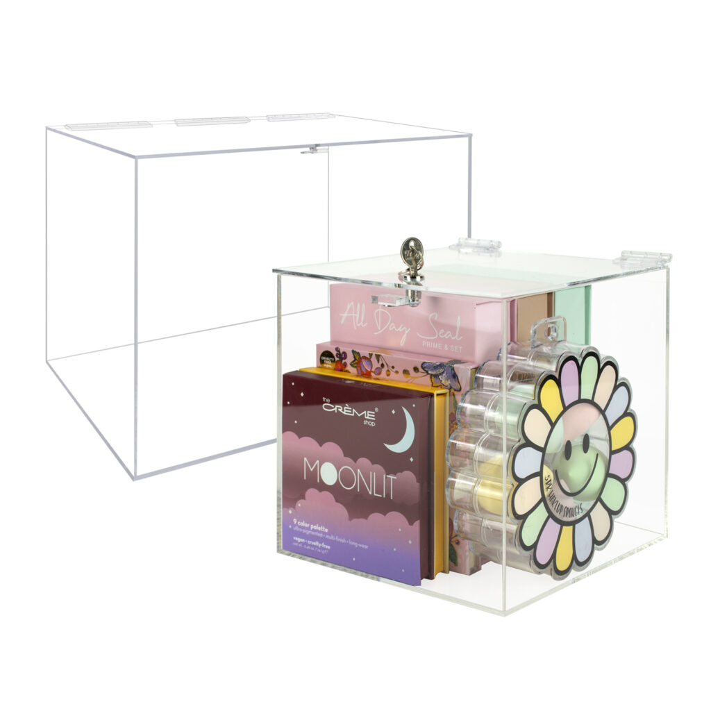 Two acrylic 5-sided box w/ cam lock lid, one holding makeup products.