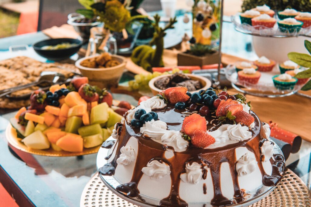 An assorted dessert display table.