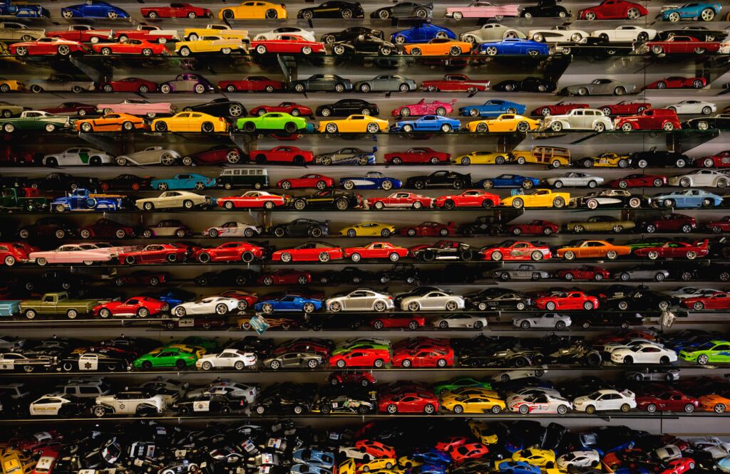Multicolor toy car wall display.