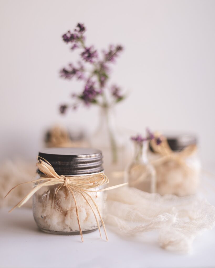 Simple mason jar and purple flower mini display.