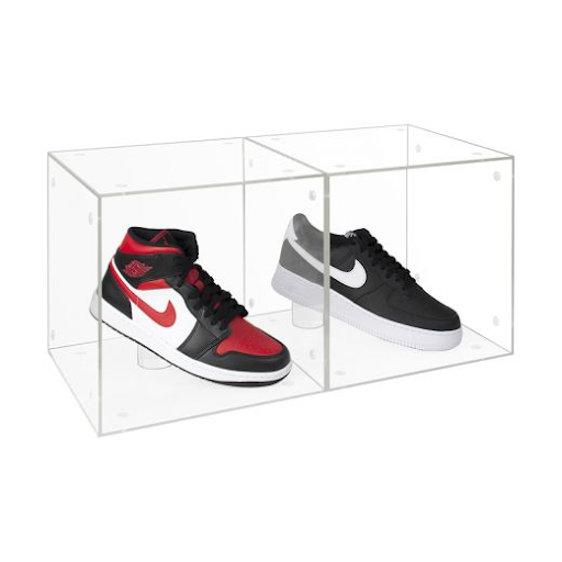 Basketball shoes organized in acrylic display cubes
