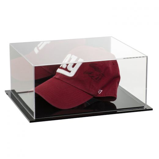 Red NY baseball hat in acrylic display case