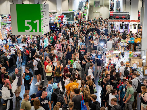 Trade show event with multiple conference booths