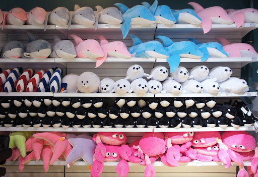 Plush toys displayed in a retail setting 