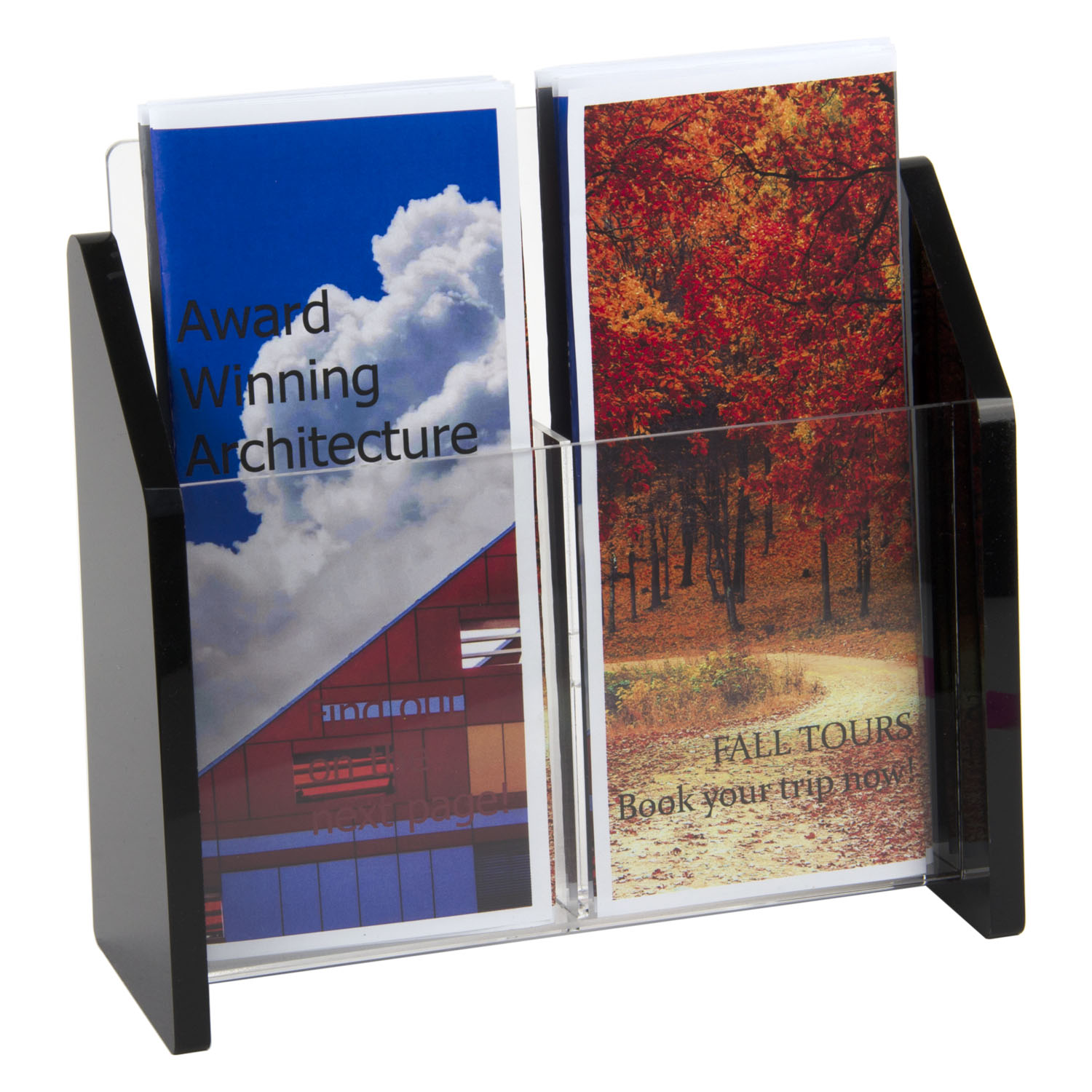 2 Pocket Tri Fold Pamphlet Holder Clear Acrylic with Black Sides