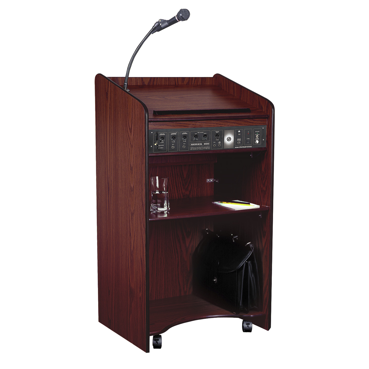 Mahogany Shelf Podium with Sound System and Wireless Microphone