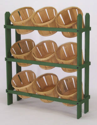 9 basket wooden floor display with green accents
