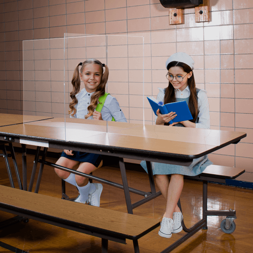 young students in cafeteria with 4 way shield guard protection