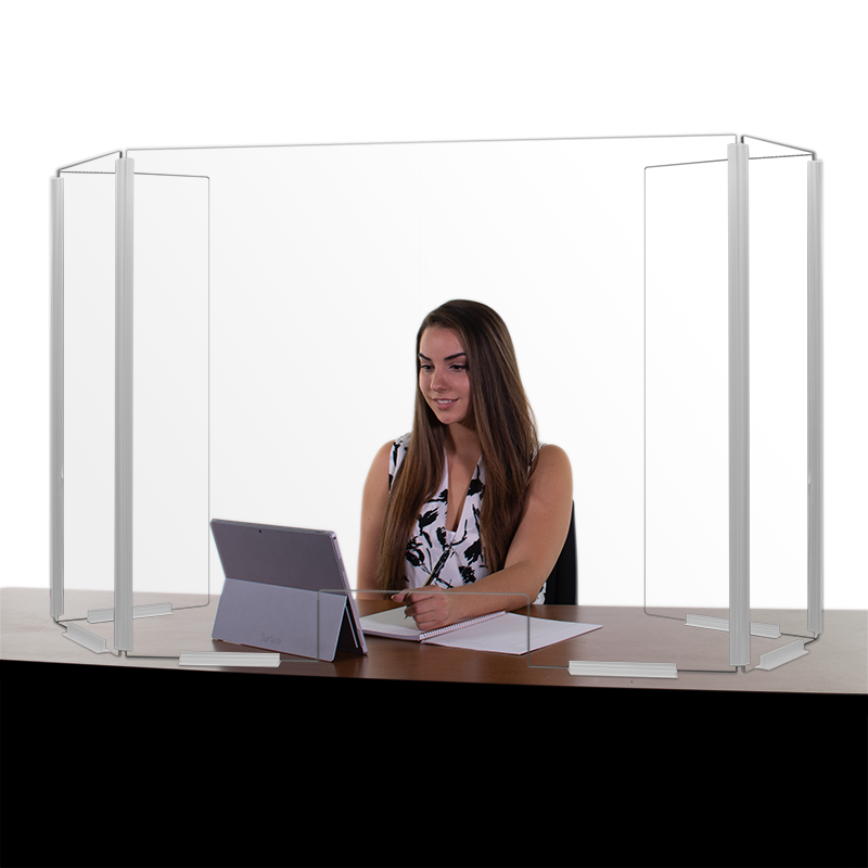 Clear Teacher Desk Shield With Adjustable Wrap Around Sides And Pass Through Opening Shoppopdisplays