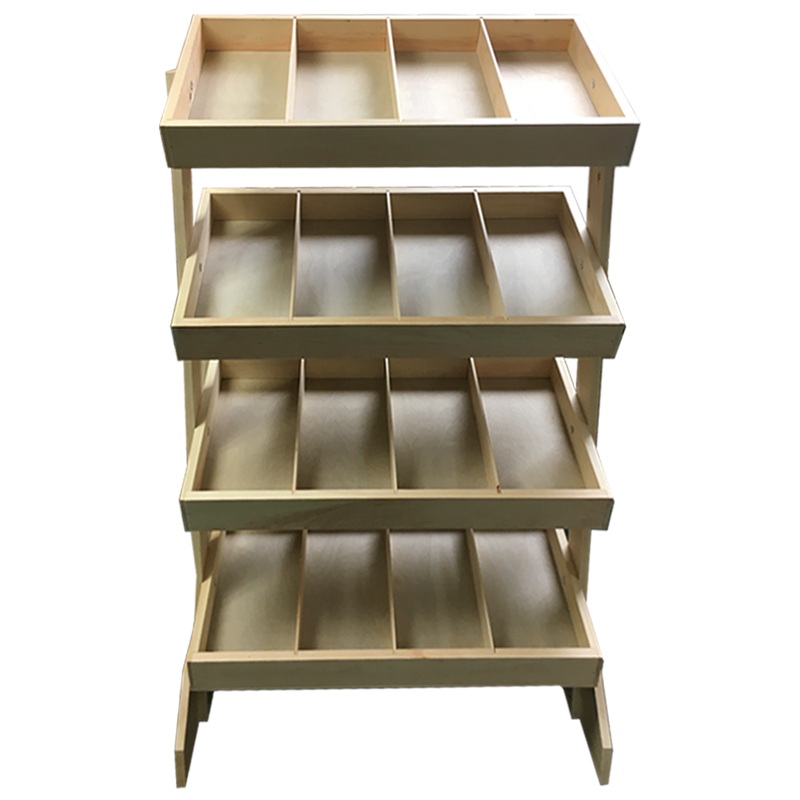 4 Tray Tilt Shelf Display With Dividers, Tilted Shelf Bookcase
