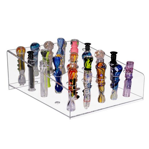 A compact black stand holding 25 colorful small pipes vertically, with each pipe inserted individually into its own slot.