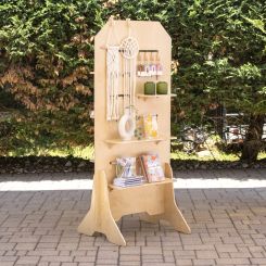 Portable Wooden Floor Standing Display with Configurable Shelves, Hooks, Pegs