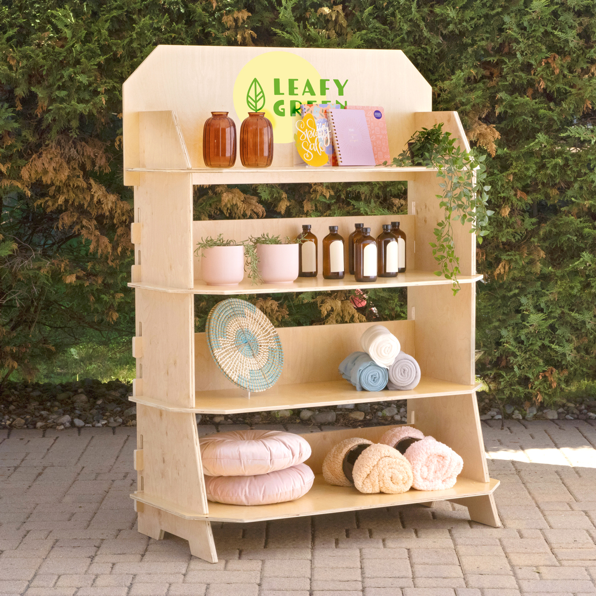 Portable Wooden Floor Standing Display with Configurable Shelves, Hooks,  Pegs