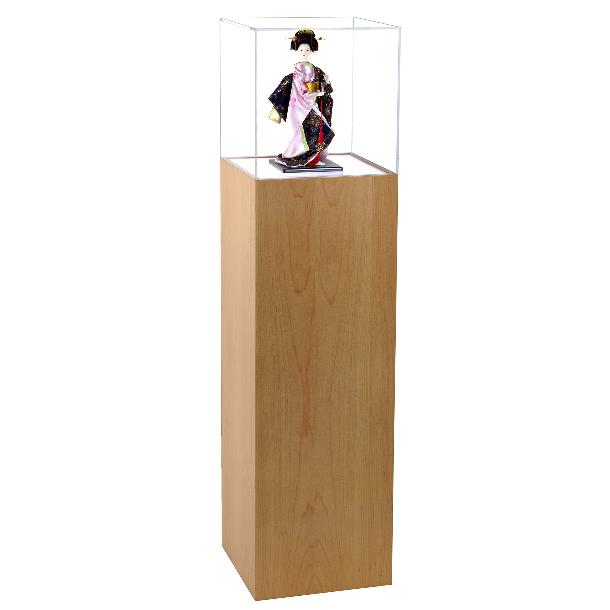 Cherry Wood Lighted Pedestal Display Case with Acrylic Cover