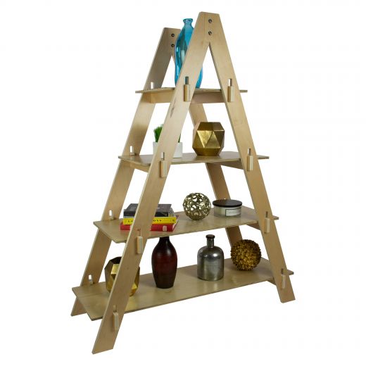 Portable wooden 4 shelf A-frame collapsible display.