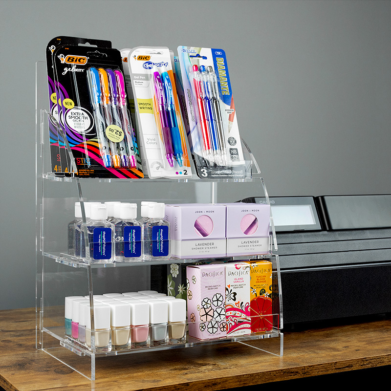 Countertop Acrylic Display, 3 Tiers, Rounded Collapsible 11.5”W x 15.25