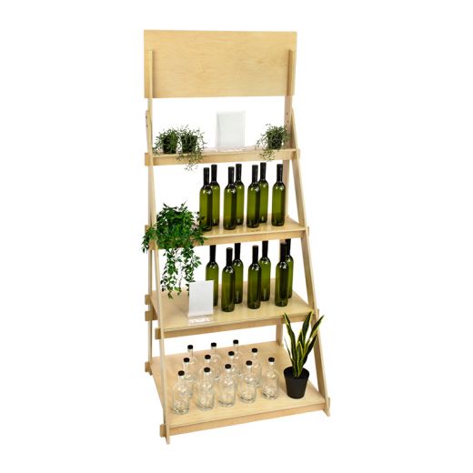 Multi-Tiered Floor Standing Wooden Shelving Display with Header, Collapsible