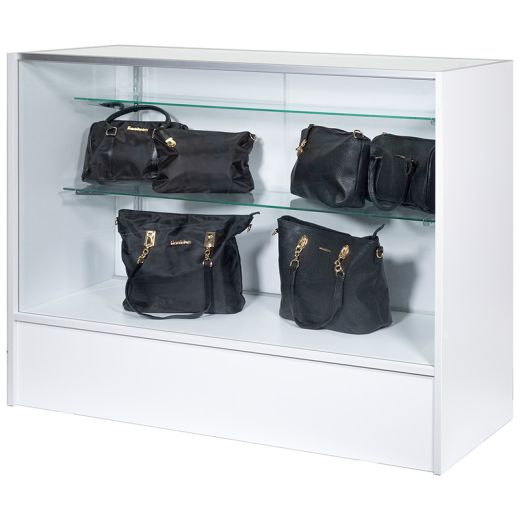 Retail Counter, Tempered Glass Adjustable Shelves & Sliding Doors, WHITE - 48"L x 18"W x 38"H