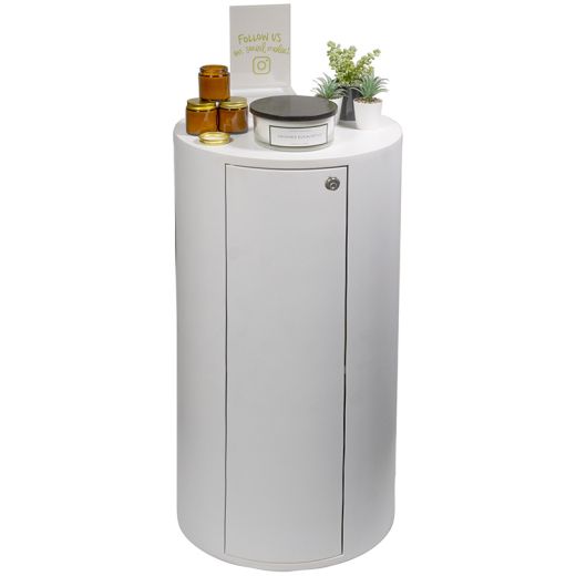 White Round Display Pedestal - With Locking Door and 1 Shelf