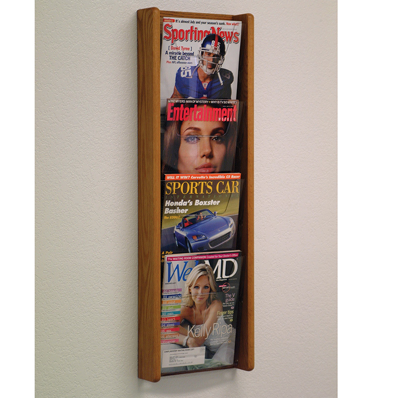 Medium Oak Wall Mount 4 Pocket Vertical Magazine Rack with Acrylic