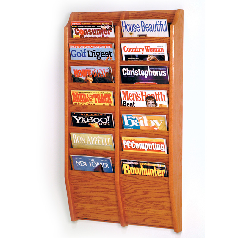 Medium Oak Wall Mount 14 Pocket Vertical Magazine Rack shopPOPdisplays
