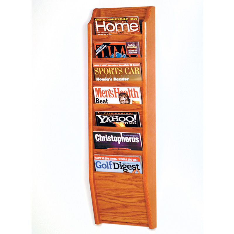 Medium Oak Wall Mount 7 Pocket Vertical Magazine Rack shopPOPdisplays