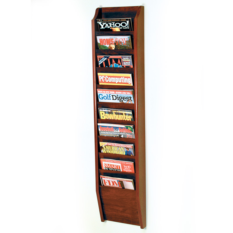 Mahogany Wall Mount 10 Pocket Vertical Magazine Rack | shopPOPdisplays