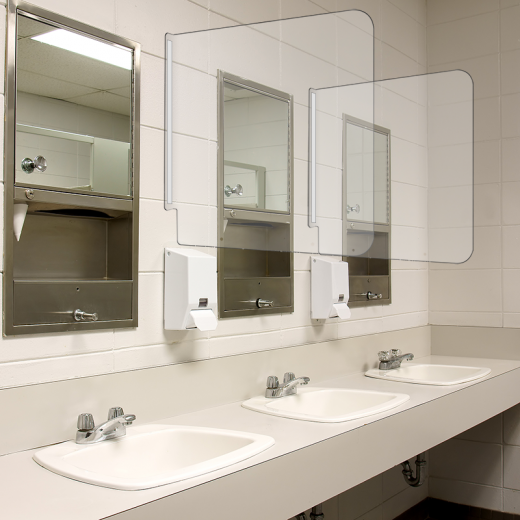 plexiglass divider partition in restroom between sinks